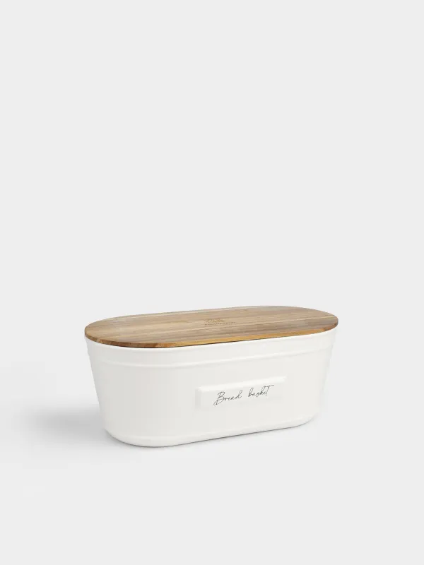 Хлебница, 33х17х13 см, с разделочной доской, керамика/дерево, овальная, молочная, Home stories, image-1