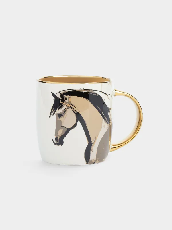 Кружка, 380 мл, фарфор N, молочно-золотистая, Конь, Horse art, image-0
