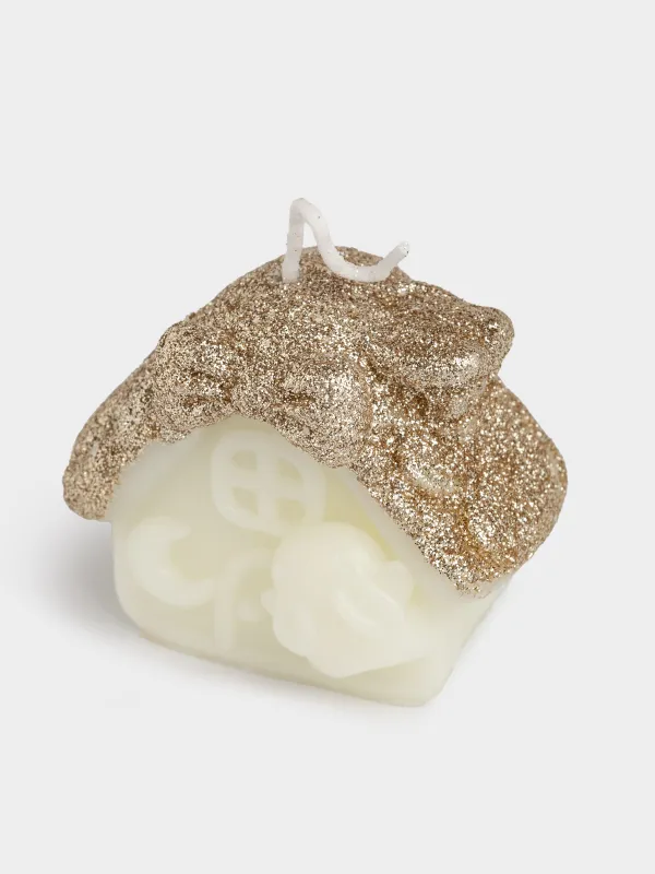 Свеча, 8x6 см, с блестками, молочно-золотистая, Домик, House shape, image-1