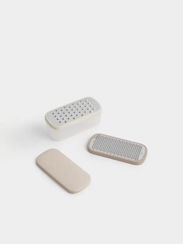 Терка, 19х8 см, 2 насадки, с контейнером, с крышкой, пластик/сталь, бежевый микс, Galori, image-1