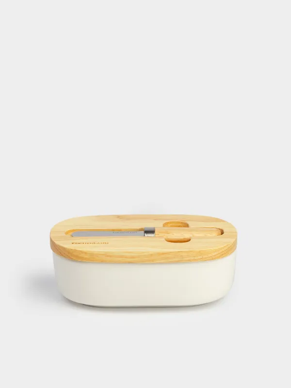 Масленка, 15 см, с ножом, фарфор N/дерево, овальная, Light kitchen, image-1