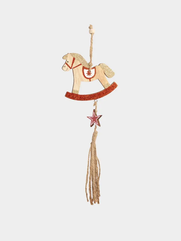 Игрушка елочная, 12 см, с кисточкой, дерево, с блестками, Лошадка, Figure wood, image-0
