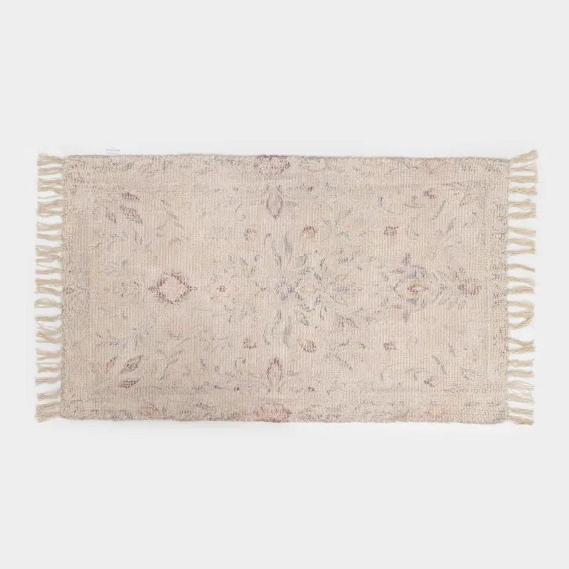 Коврик, 70х115 см, с бахромой, хлопок/полиэстер, бежевый, Цветы, Print