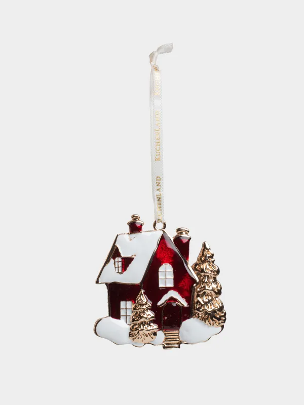 Игрушка елочная, 8 см, металл, золотисто-красная, Заснеженный дом, Figure christmas, image-2
