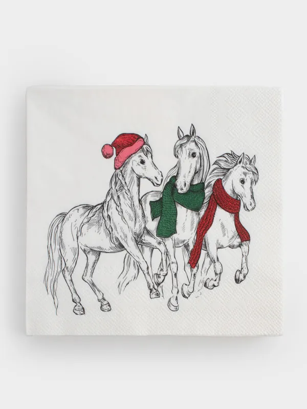 Салфетки бумажные, 33х33 см, 20 шт, квадратные, белые, Лошади в шарфах, Horse trio, image-0