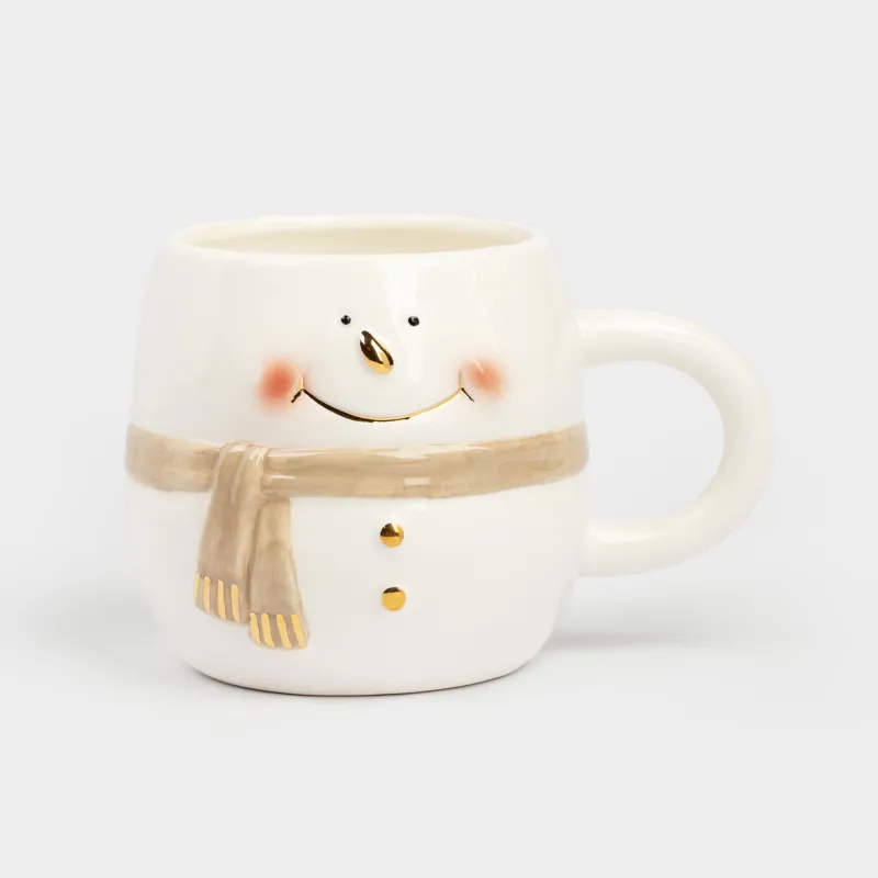 Кружка, 480 мл, фарфор P, бело-бежевая, Снеговик в шарфе, Snowy