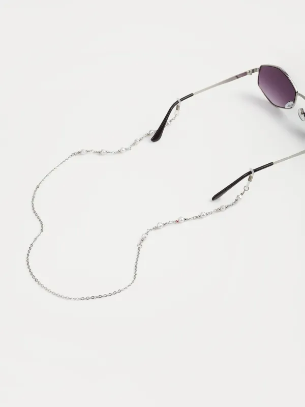 Цепочка для очков, 75 см, металл/пластик, бело-серебристая, Жемчуг, Baroque, image-3