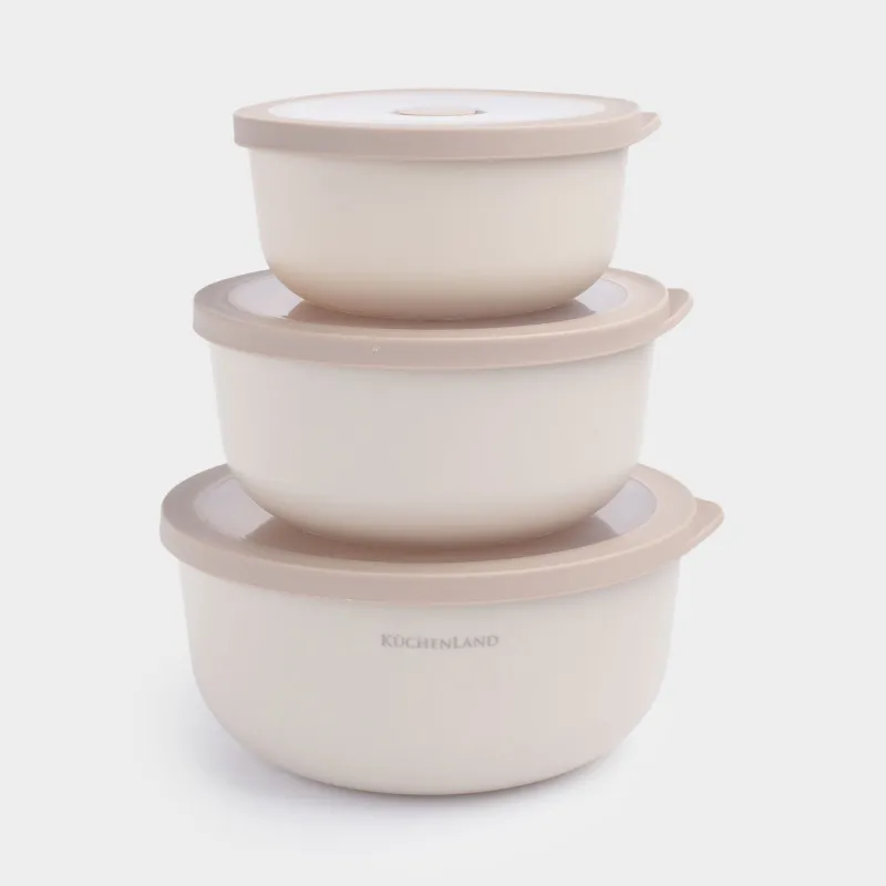 Набор мисок, 3 шт, с крышкой, пластик/силикон, бежевый, Galori