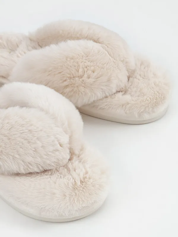 Тапочки женские, домашние, через палец, искусственный мех, молочные, Bushy, image-3