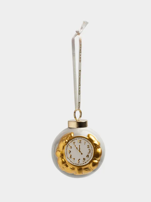 Игрушка елочная, 6 см, керамика D, бело-золотистая, Шар, Часы, Ball christmas, image-2