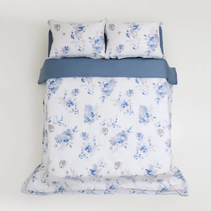 КПБ евро, тенсель 300 ТС, бело-синий, Акварельные цветы, Tencel