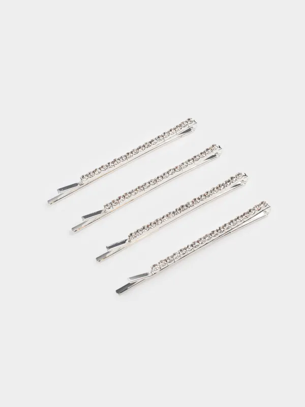 Заколка для волос, 6 см, 4 шт, стекло/металл, серебристая, Hair crystal, image-1