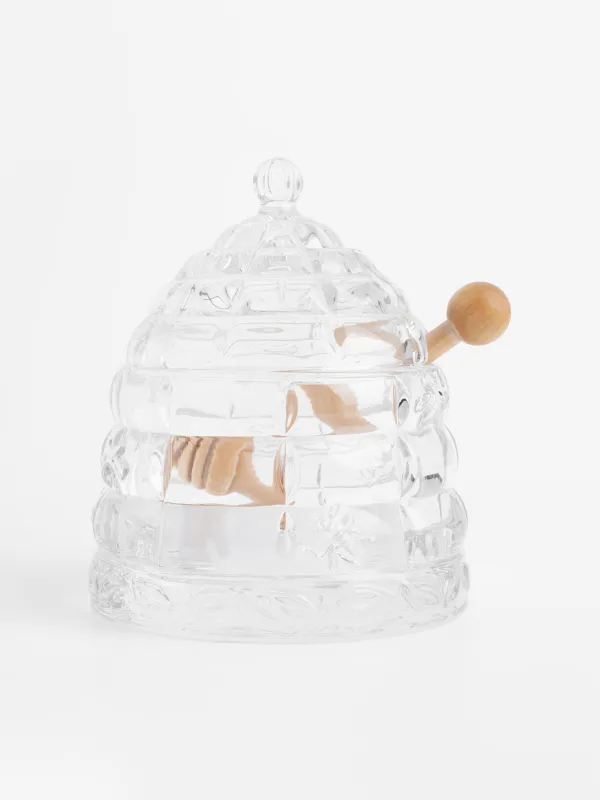 Банка для меда, 290 мл, с ложкой, стекло Р/дерево, Узоры, Honey, image-1