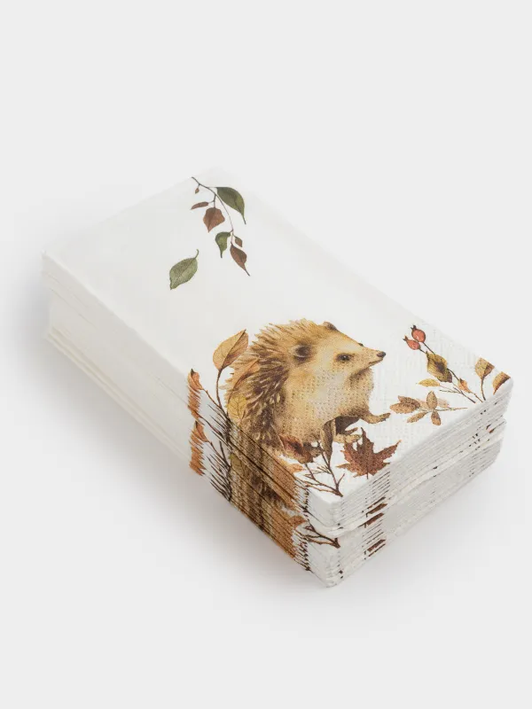 Салфетки бумажные, 33х33 см, 20 шт, прямоугольные, белые, Еж и листья, Hedgehog in leaves, image-1