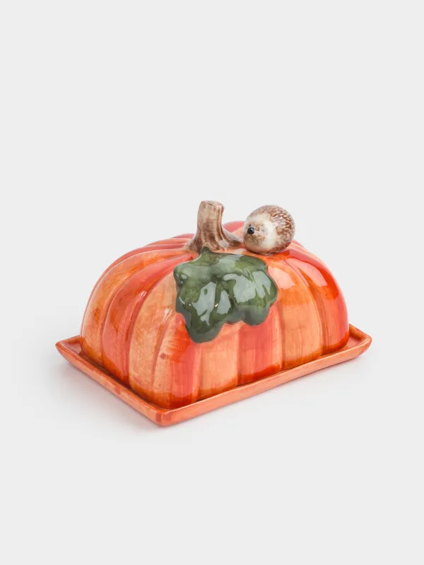 Масленка, 15 см, керамика, прямоугольная, оранжевая, Еж на тыкве, Forest symphony, image-1