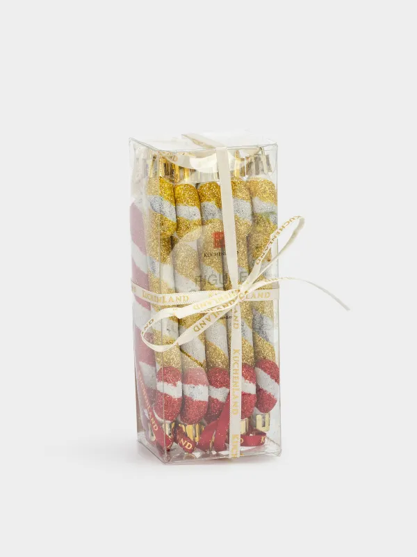 Набор елочных игрушек, 7 см, 10 шт, пластик, с блестками, золотистый, Трость, Figure sparkle, image-3