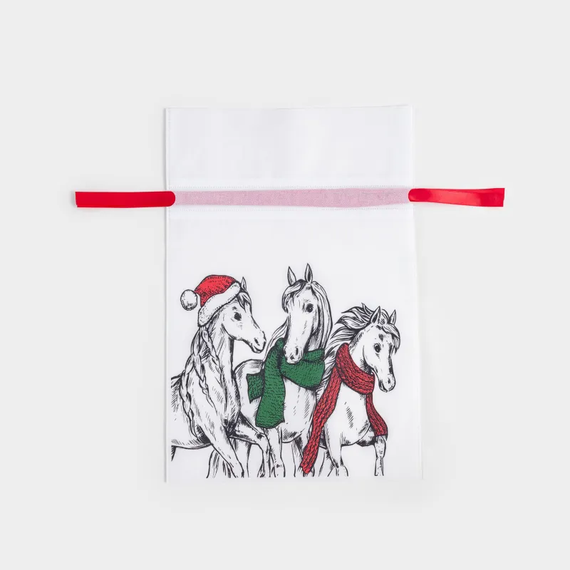Мешок подарочный, 20х30 см, с завязками, полипропилен, белый, Лошади в шарфах, Horse trio