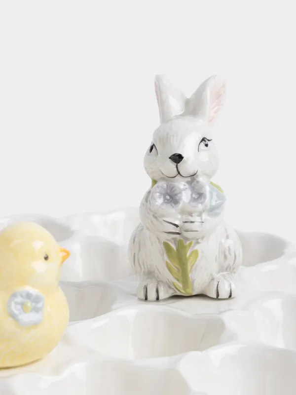 Блюдо пасхальное, 27x12 см, 17 отд, керамика D, молочное, Кролик и цыпленок с цветами, Easter, image-1