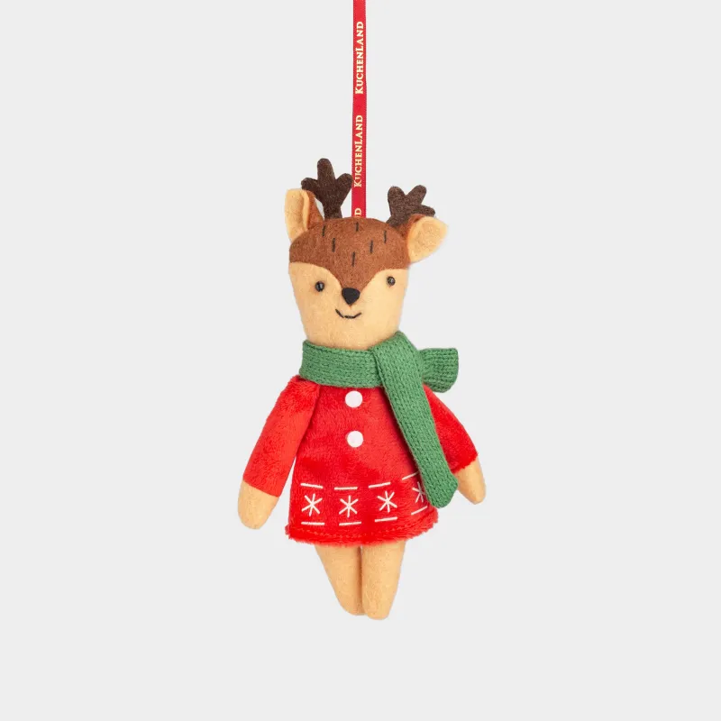 Игрушка елочная, 15 см, мягкая, полиэстер, бежево-красная, Олениха в платье, Deer christmas