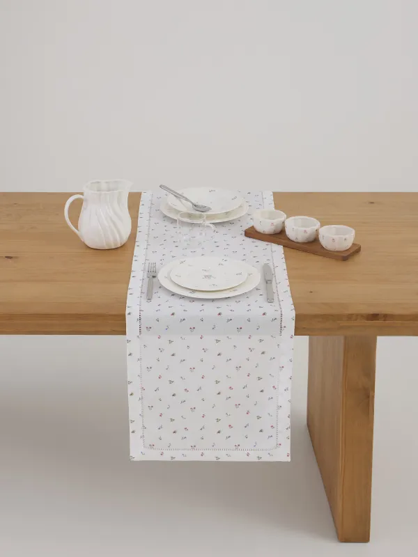 Дорожка настольная, 40х160 см, полиэстер, белая, Цветы, Hemstitch floria, image-1