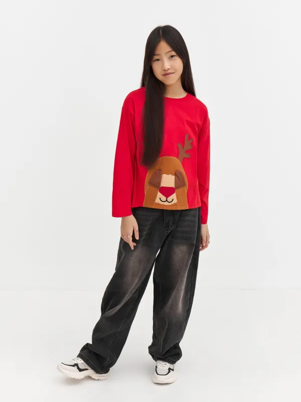 Лонгслив детский, хлопок, красный, Олень, Amelia, image-0