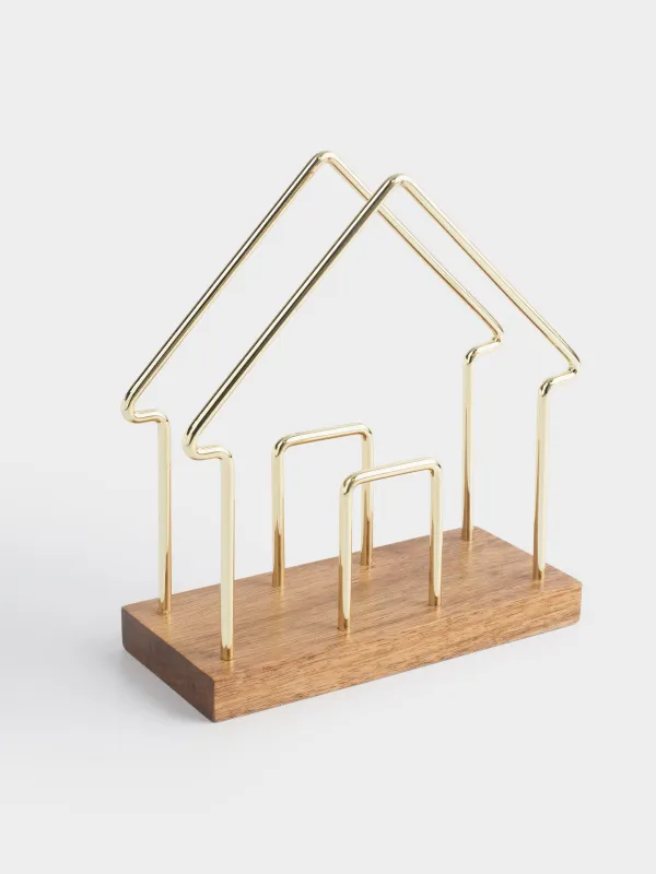 Салфетница, 14 см, на подставке, металл/дерево, золотистая, Дом, Noble tree, image-1