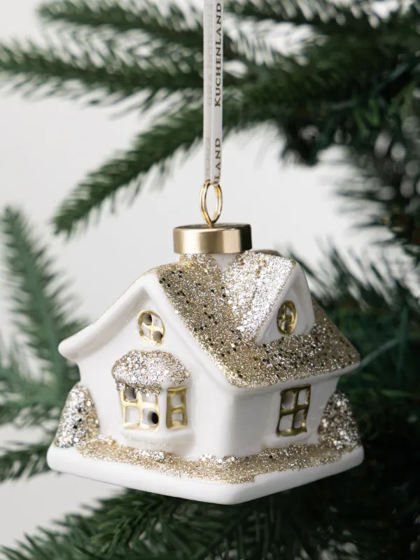 Игрушка елочная, 9 см, с подсветкой, фарфор P, бело-золотистая, Дом, Figure christmas, image-4