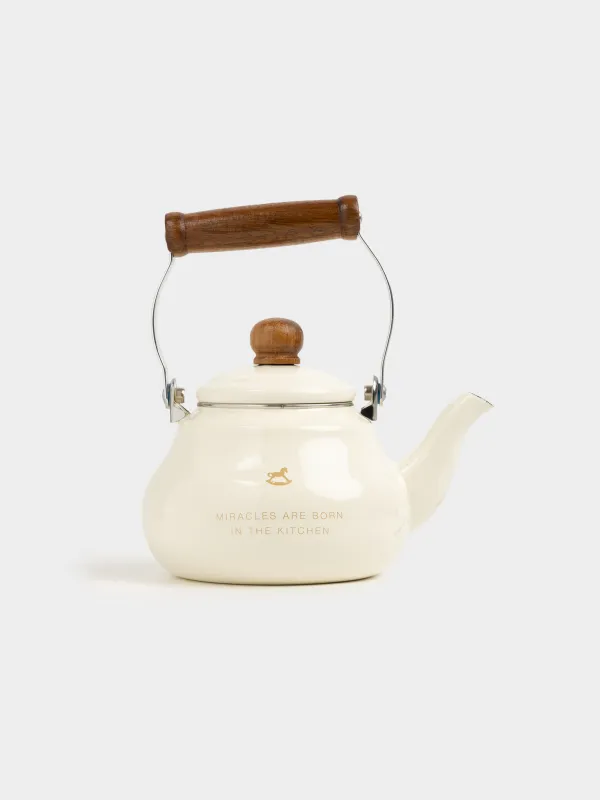 Чайник, 1,2 л, металл эмалированный/дерево, молочный, Лошадь, Enamel, image-0