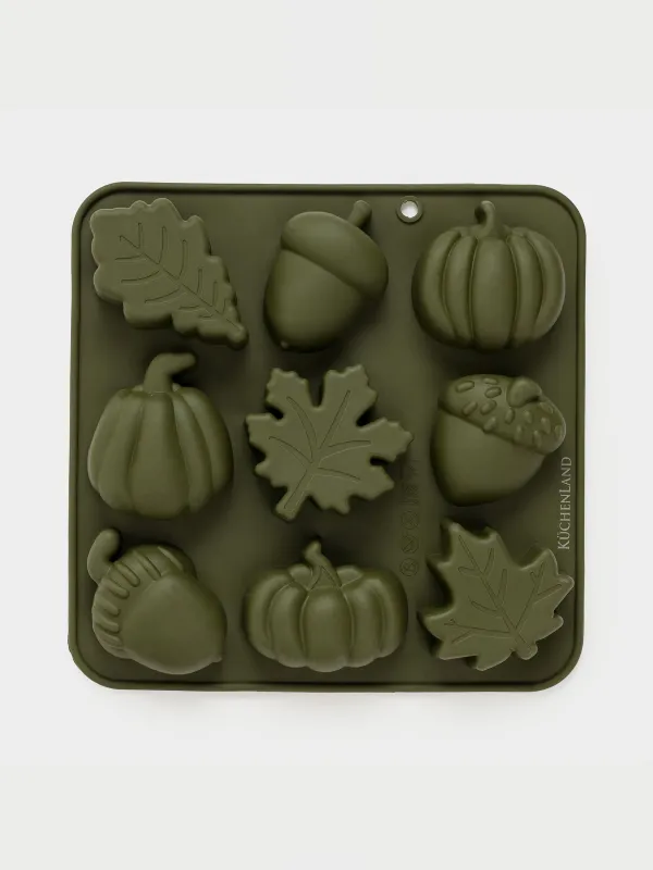 Форма для выпечки кексов, 17x17 см, 9 отд, силикон, зеленая, Осенние мотивы, Bakery, image-0