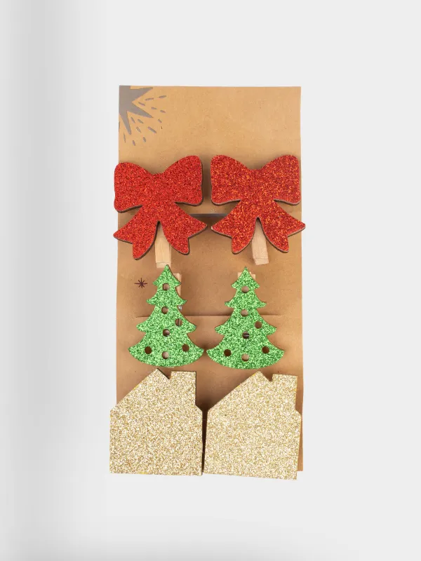 Клипса декоративная, 5 см, 6 шт, дерево, с блестками, Праздничные атрибуты, Figure wood, image-3