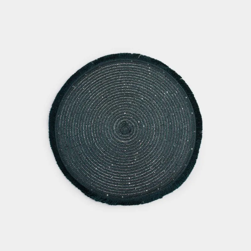 Салфетка под приборы, 38 см, с бахромой и пайетками, полиэстер, круглая, зеленая, Rotary shine