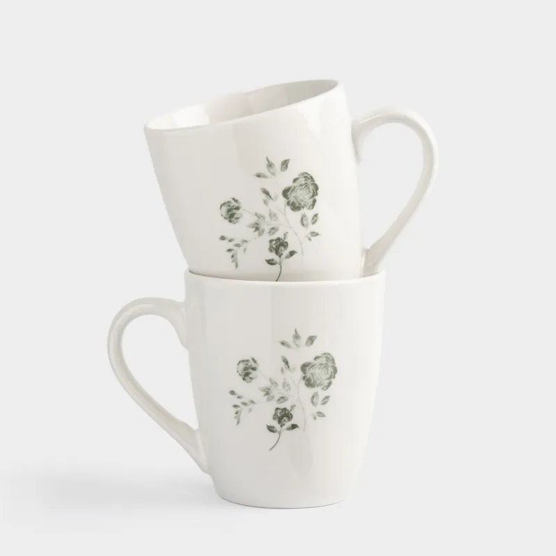 Кружка, 350 мл, 2 шт, фарфор P, белая, Зеленые розы, Green rose