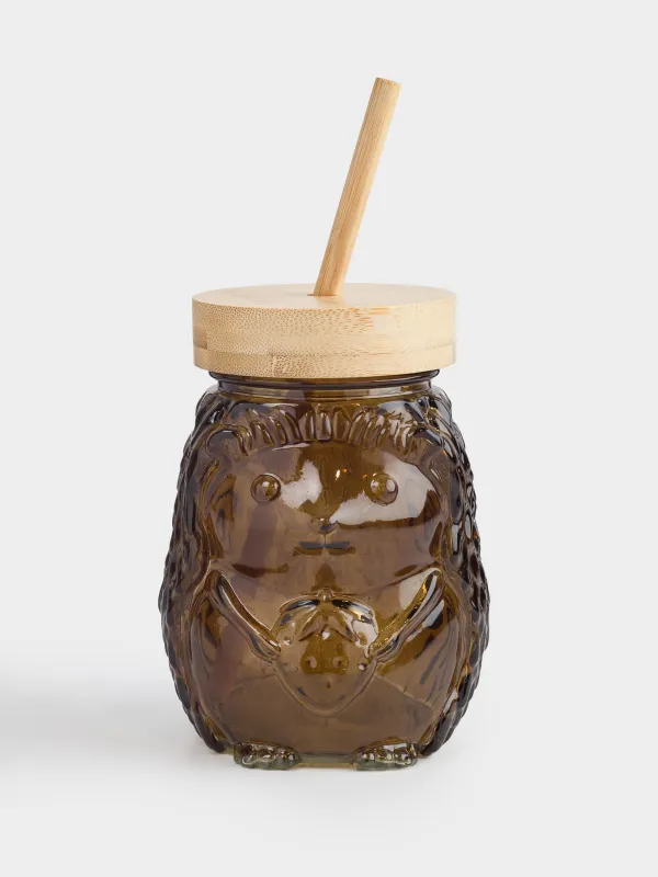 Банка для напитков, 550 мл, с крышкой и трубочкой, стекло, коричневая, Ежик, Forest animals, image-0