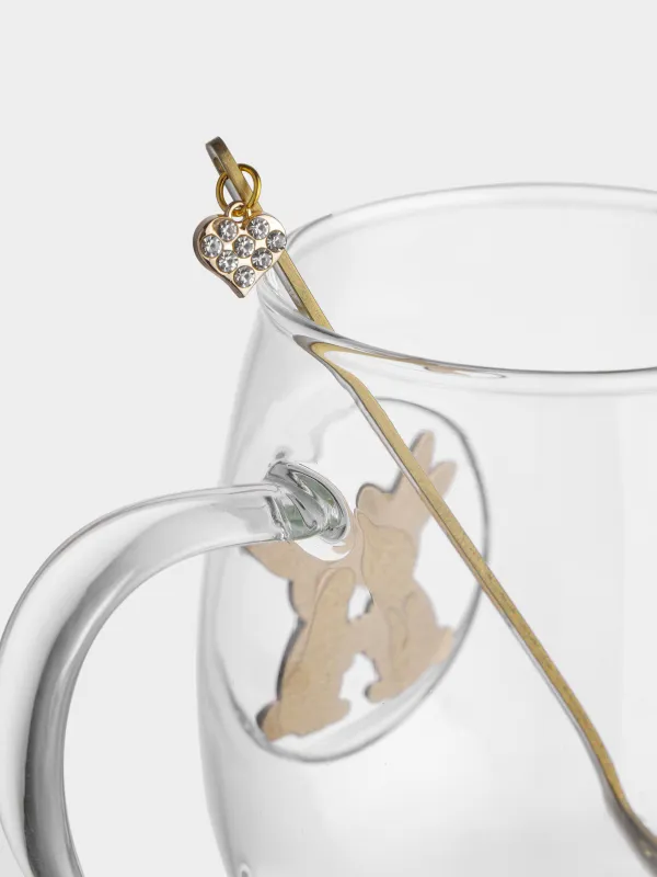 Кружка, 470 мл, с ложкой, стекло Б/металл, Белые кролики, Lux elements, image-2