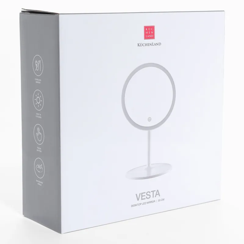 Зеркало настольное, 33х19/17 см, с подсветкой, на подставке, пластик, круглое, белое, Vesta, image-6