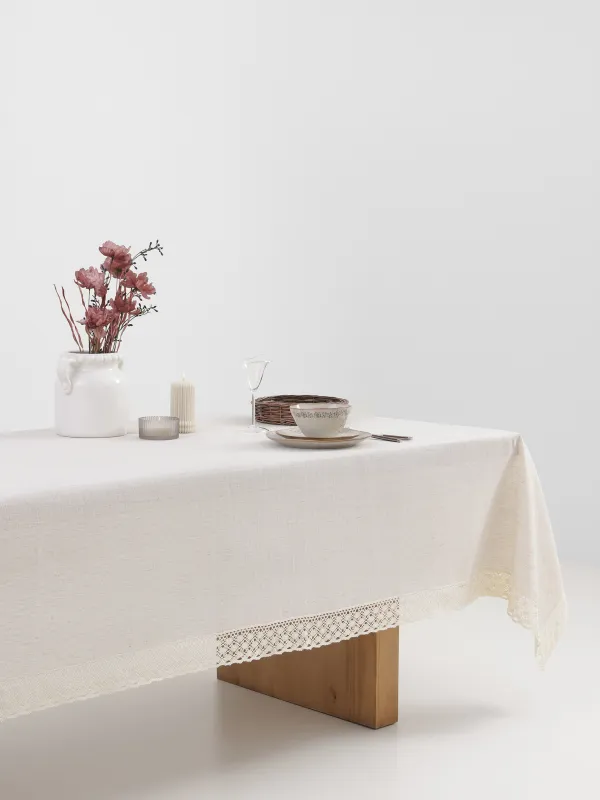 Скатерть, 170х250 см, с кружевом, полиэстер/лен/хлопок, бежевая, Natural framed, image-4