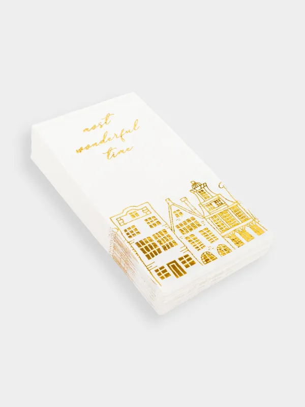 Салфетки бумажные, 33х33 см, 20 шт, прямоугольные, белые, Золотистые дома, Snow sparks, image-1