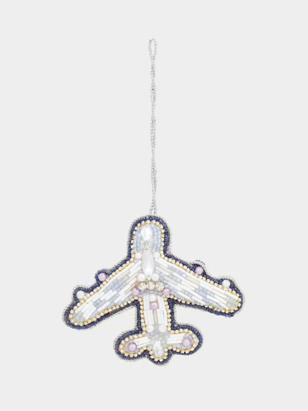 Игрушка елочная, 10 см, бисер/полифилл, голубая, Самолет, Beads figure, image-1