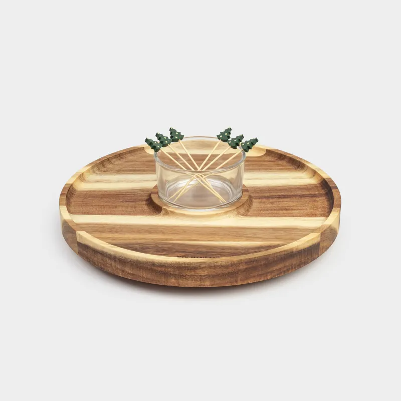 Блюдо для закусок, 28 см, с пиалой, вращающееся, со шпажками, дерево/стекло, Noble tree