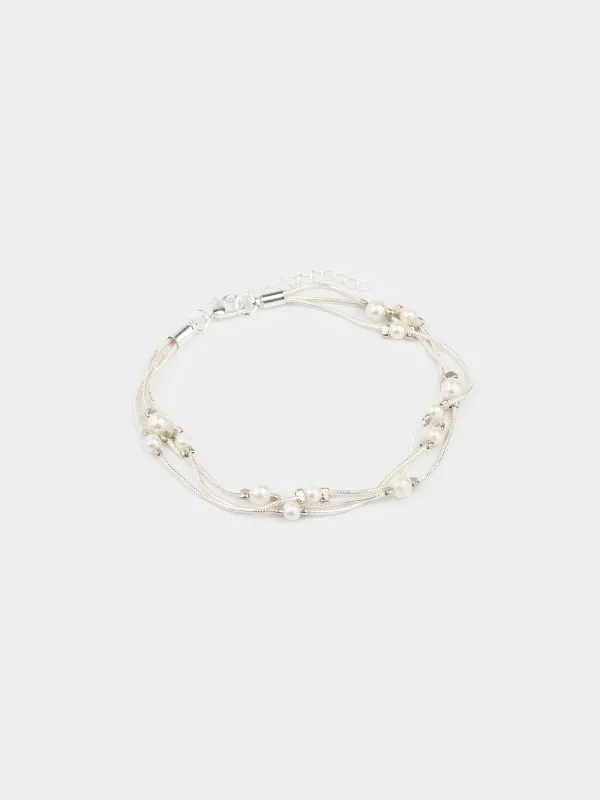 Браслет, 18 см, тройной, металл/пластик, серебристый, Бусины, Pearl, image-2