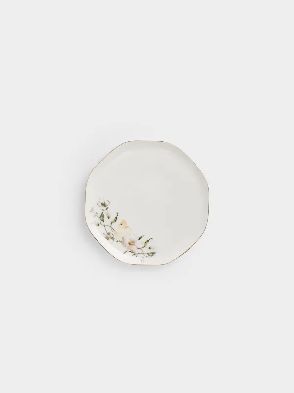 Тарелка закусочная, 21 см, фарфор F, белая, с золотистым кантом, Цыпленок в цветах, Easter, image-0