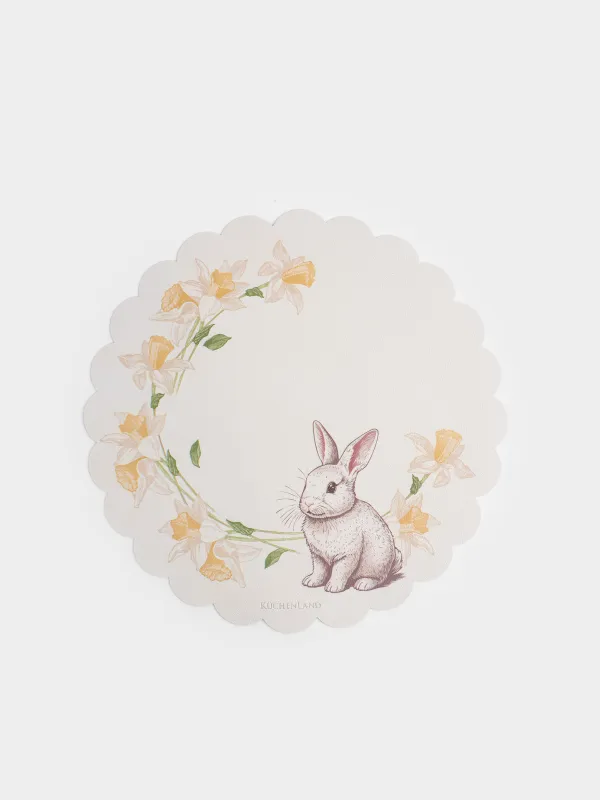 Салфетка под приборы, 38 см, ПВХ, фигурная, молочная, Кролик и нарциссы, Rock print, image-0