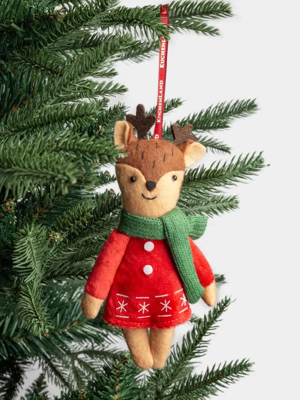 Игрушка елочная, 15 см, мягкая, полиэстер, бежево-красная, Олениха в платье, Deer christmas, image-3
