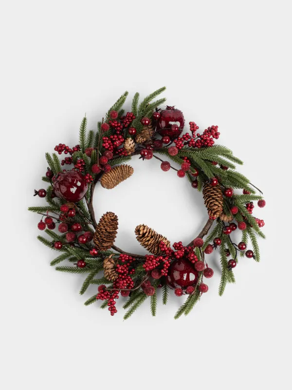 Венок декоративный, 10/41 см, пенопласт/пластик, Красные ягоды и шишки, Red berry, image-0