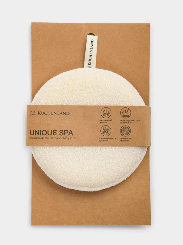 Мочалка-губка для мытья лица и тела, 13 см, с держателем, нейлон/хлопок, бежевая, Unique spa, image-4