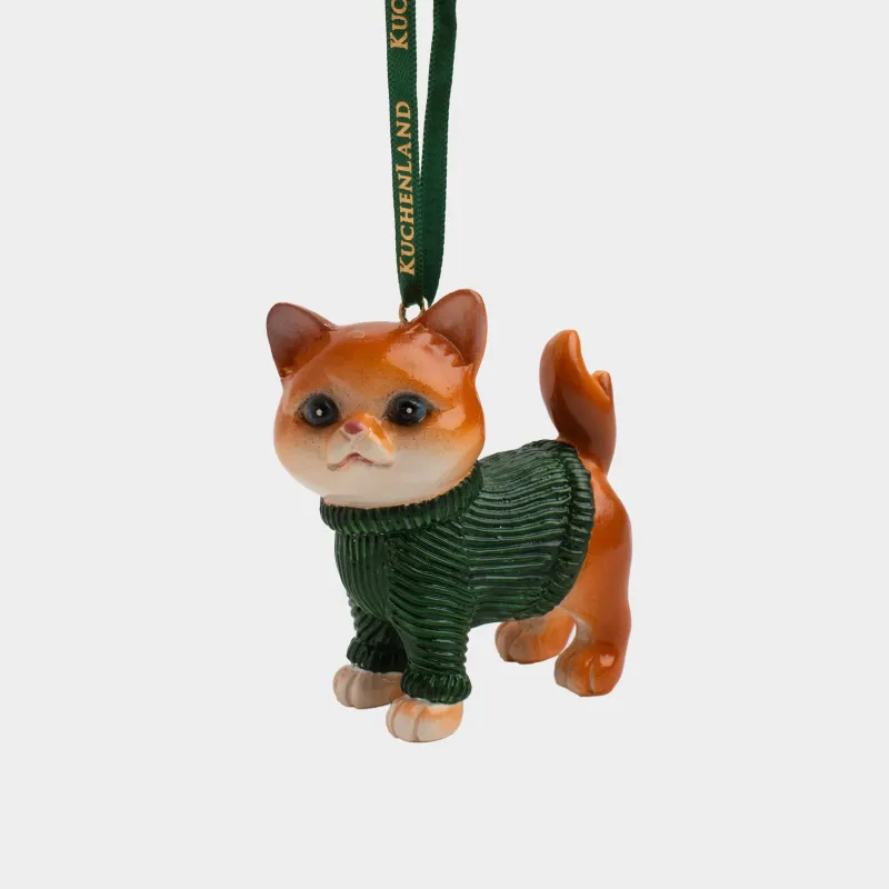 Игрушка елочная, 7 см, полирезин, коричнево-зеленая, Кот в свитере, Figure christmas