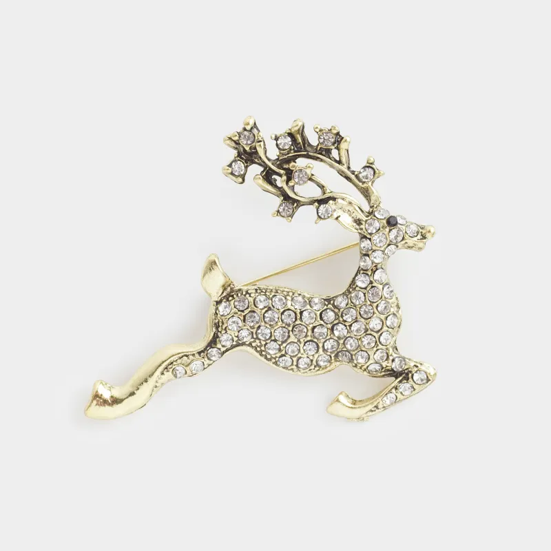 Брошь, 5 см, металл/стразы, бронзовая, Олень, Jewelry crystal