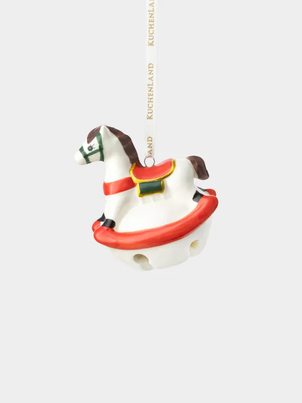 Игрушка елочная, 8 см, с колокольчиком, фарфор P/металл, бело-красная, Лошадка-качалка, Figure christmas, image-0