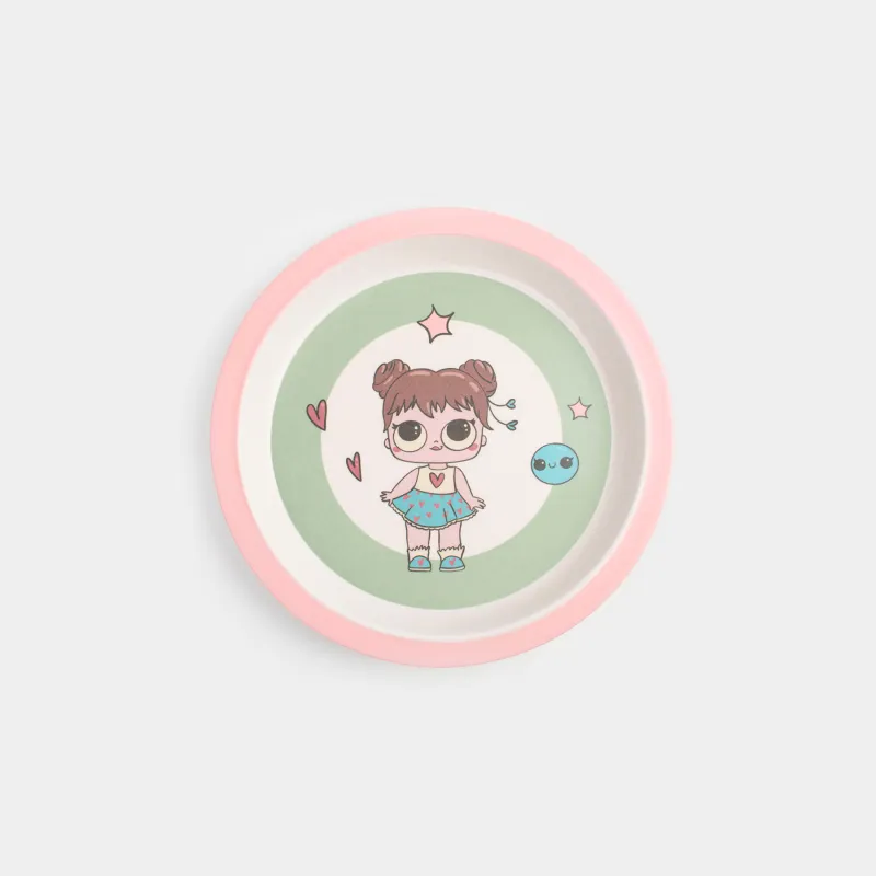 Тарелка закусочная, детская, 21 см, бамбук, розово-зеленая, Девочка в платье, Sweet loli