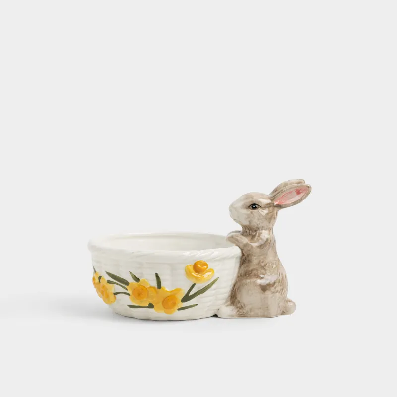 Конфетница, 22х13 см, керамика D, молочно-бежевая, Кролик с корзиной и цветами, Rabbit in narcis